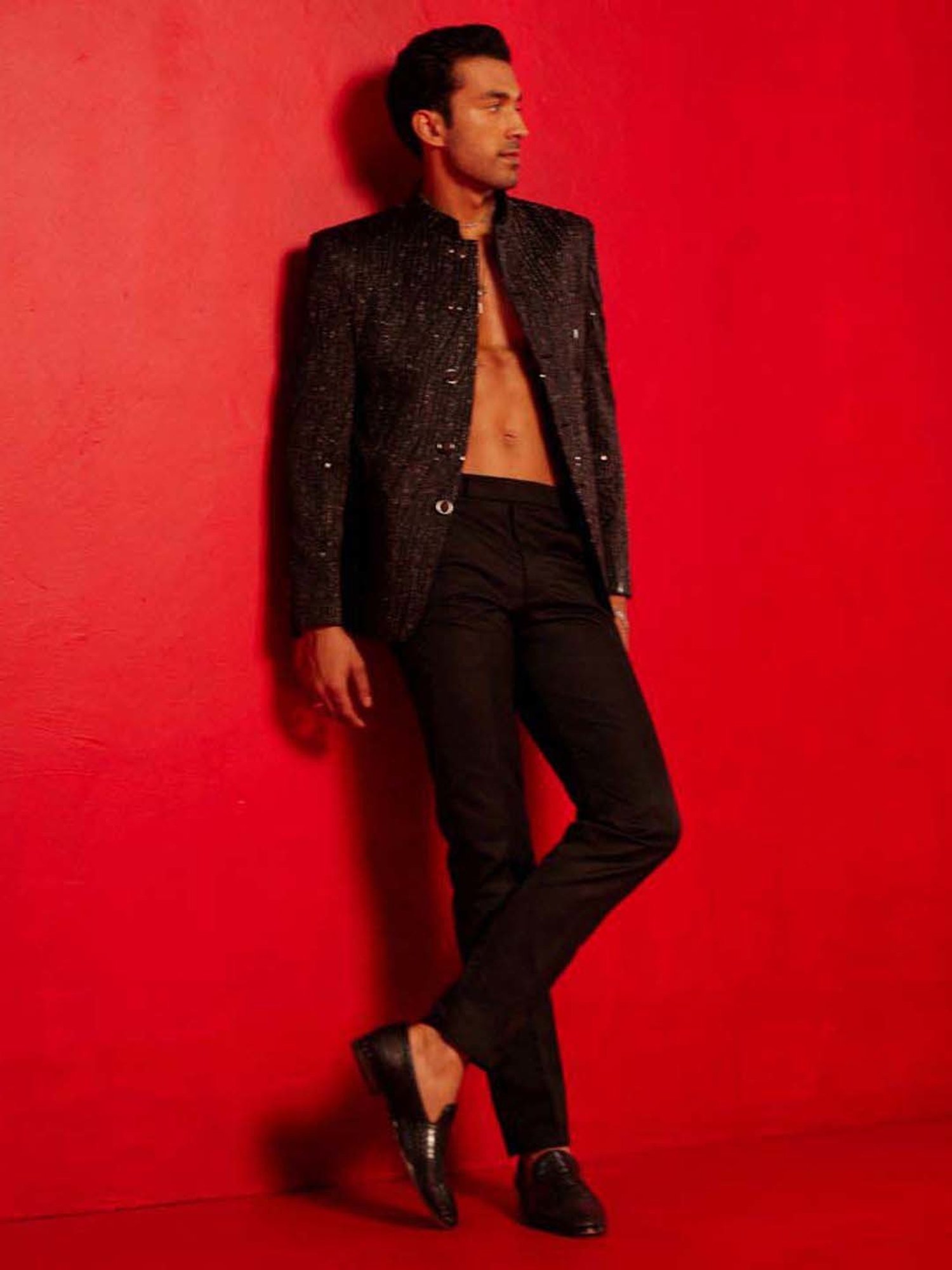 Vastramay Black Regular Fit Printed Ethnic Blazer