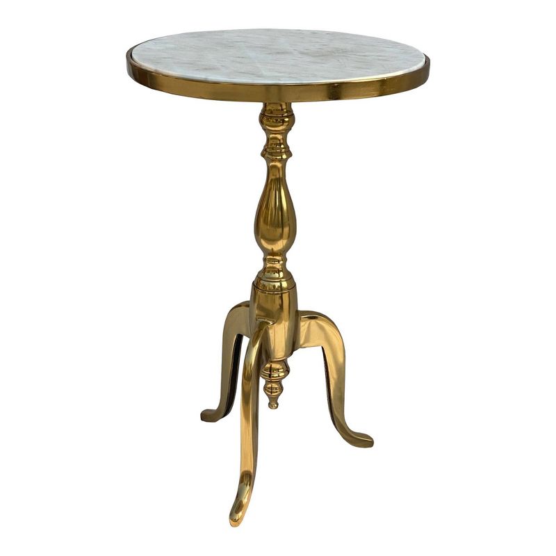 Round Marble Top Accent End Table with Flared Pedestal Metal Base White/Gold - The Urban Port