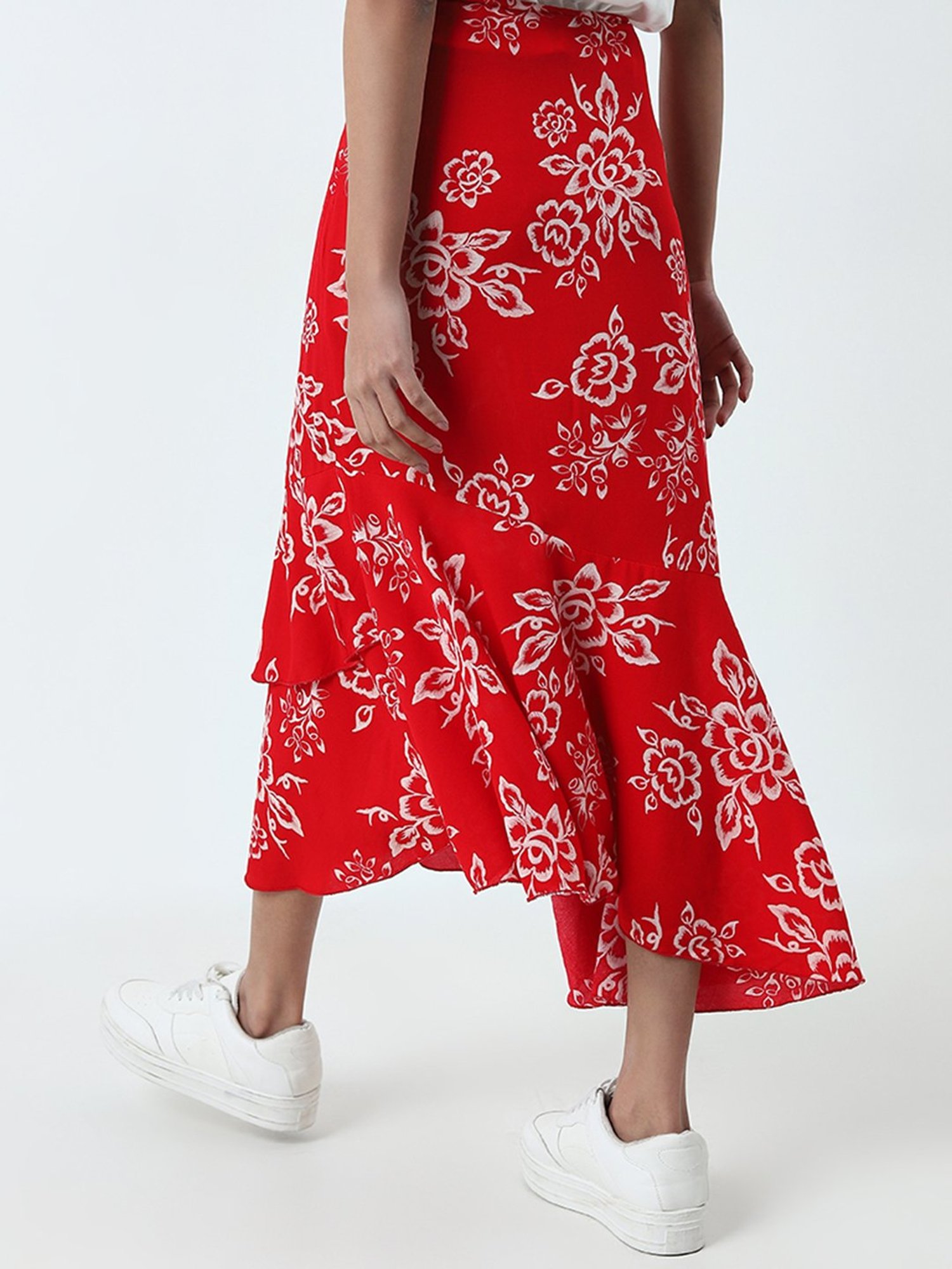 LOV by Westside Red Floral Printed Ruffled High-Rise Skirt
