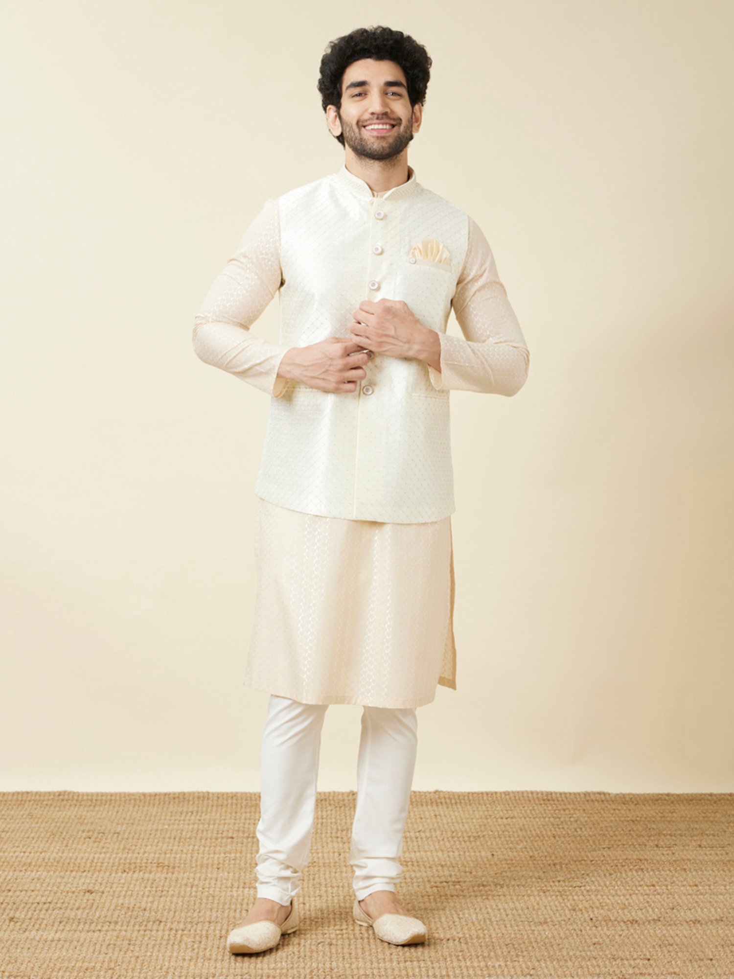 Manyavar Cream Regular Fit Self Design Nehru Jacket