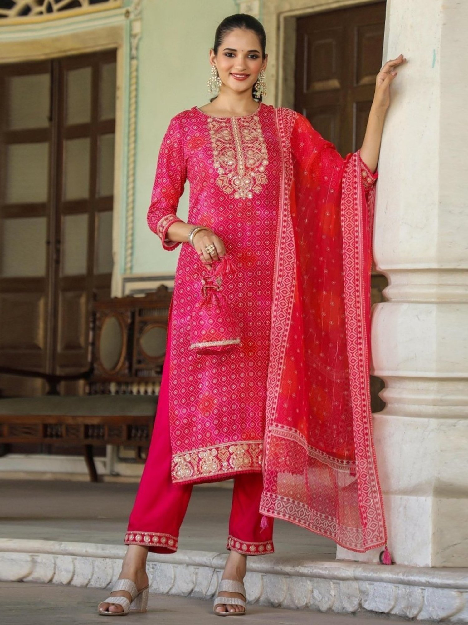 Scakhi Pink German Rayon Bandhani Print Kurta with Palazzo and Dupatta With Potli