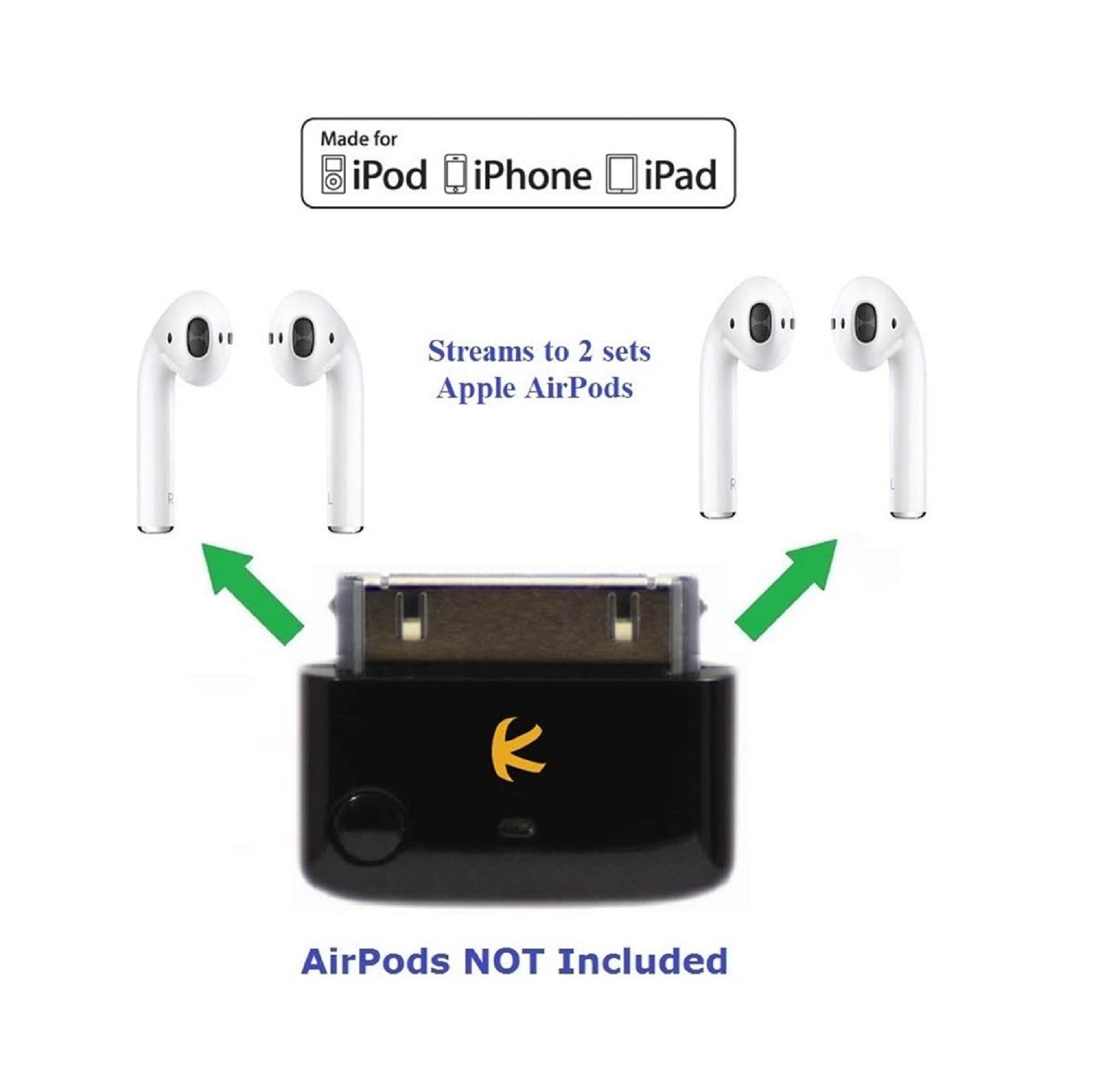 KOKKIA i10 (Black) : Apple MFi Certified Bluetooth Splitter Transmitter (to 2 Stereo Receivers).Compatible to Apple iPod,iPhone,iPad with 30-pin connector.Compatible streaming to 2 Sets Apple AirPods.