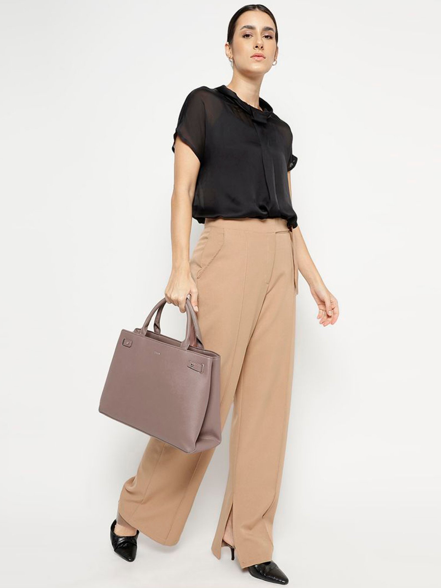 Tyra Ruby Taupe Solid Faux Leather Tote Handbag