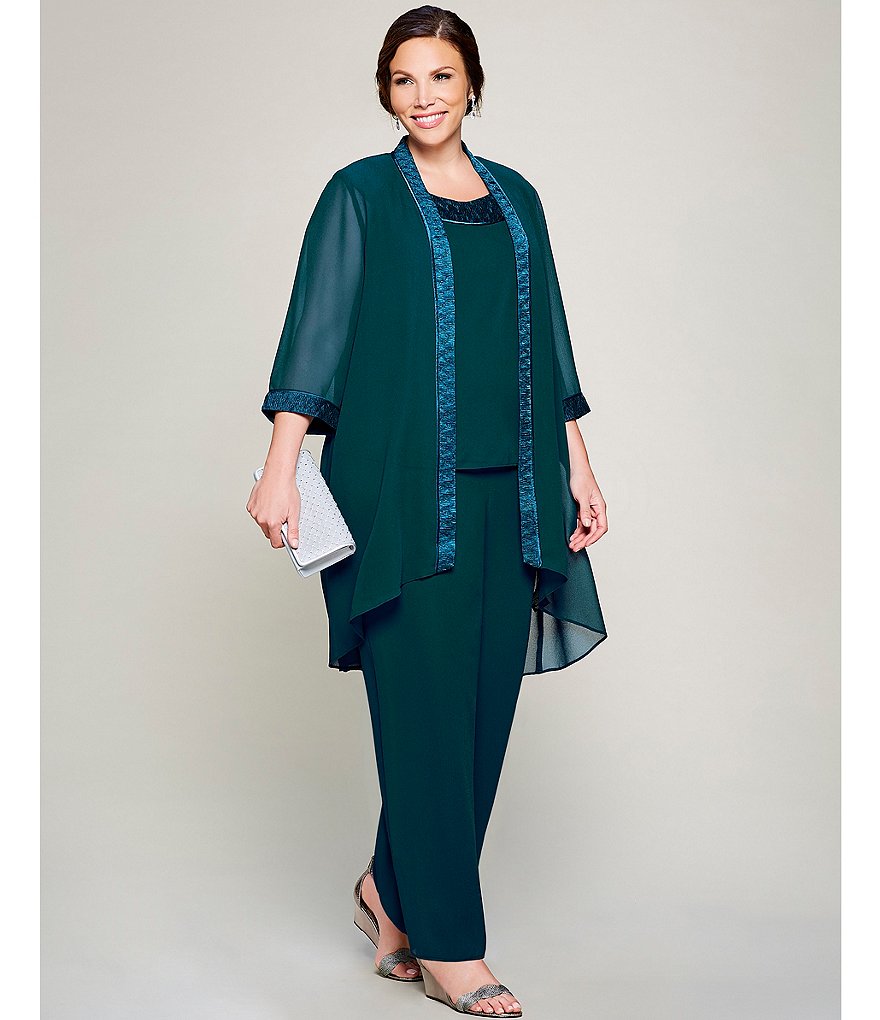 Le Bos Plus Scoop Neck 3/4 Sleeve Textured 3-Piece Pant Set