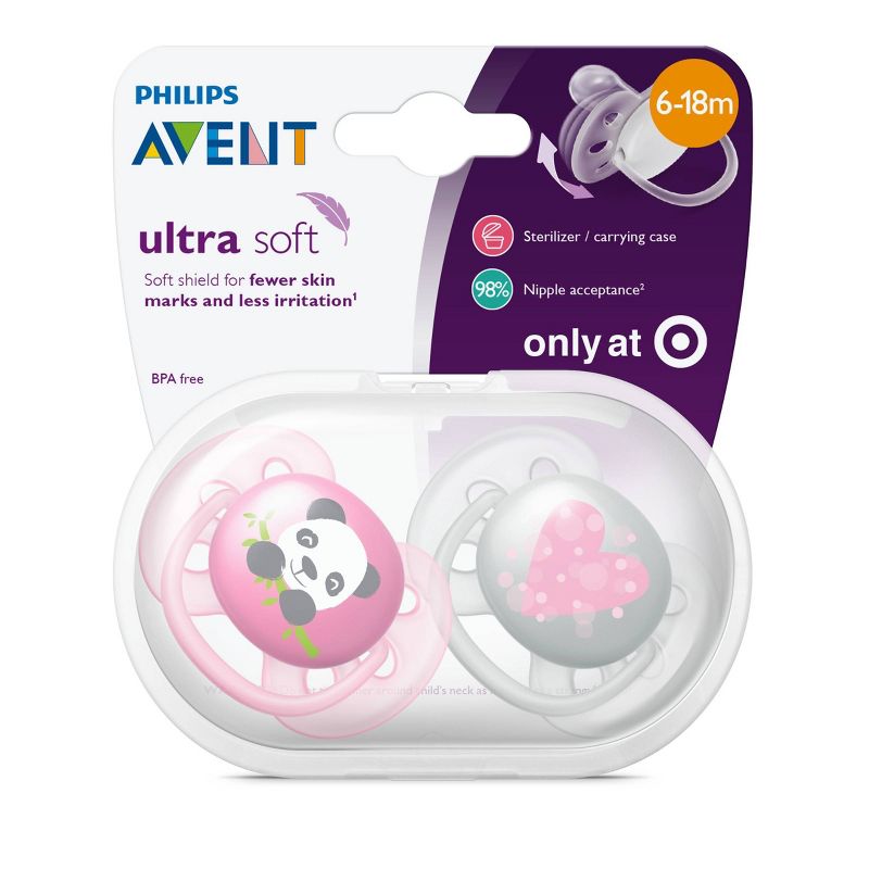 Philips Avent Ultra Soft Pacifier 6-18m - Panda/Heart - 2pk