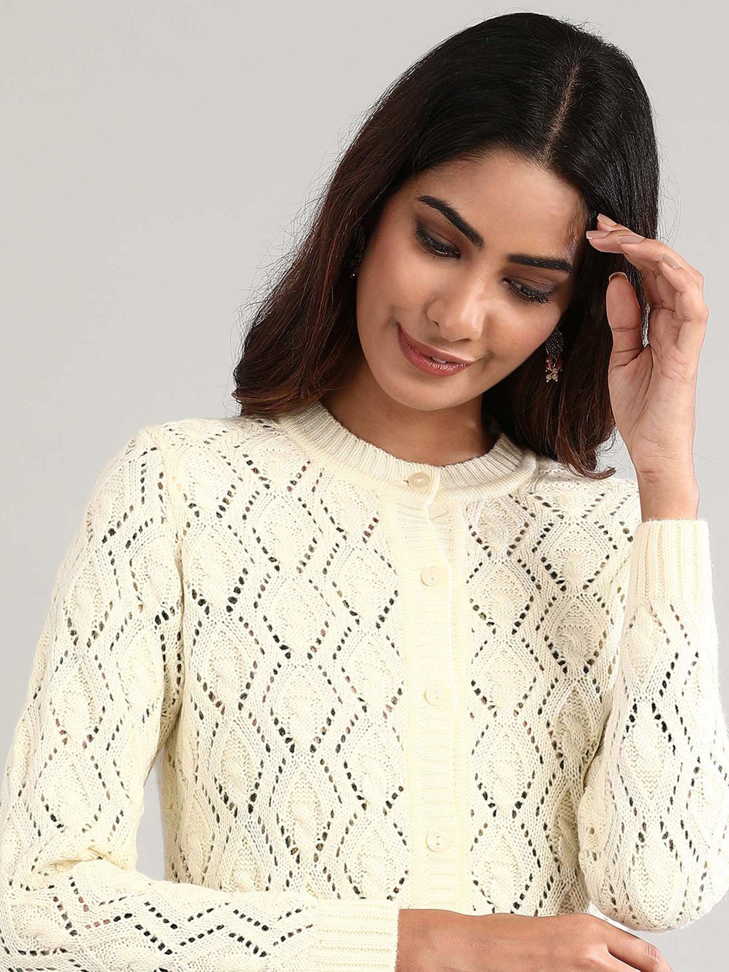 Aurelia Off-White Crochet Pattern Cardigan