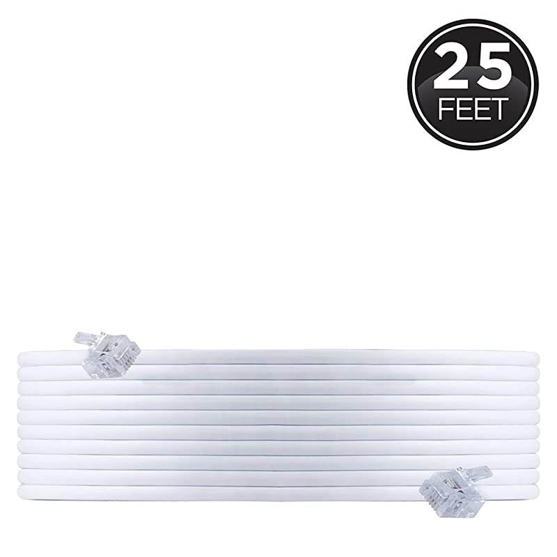 Telephone Line Cord, 25 Feet, Phone Cord, Modular Jack Ends, Works for Phone, Modem or Fax Machine, for Use in Home or Office, White, 76119