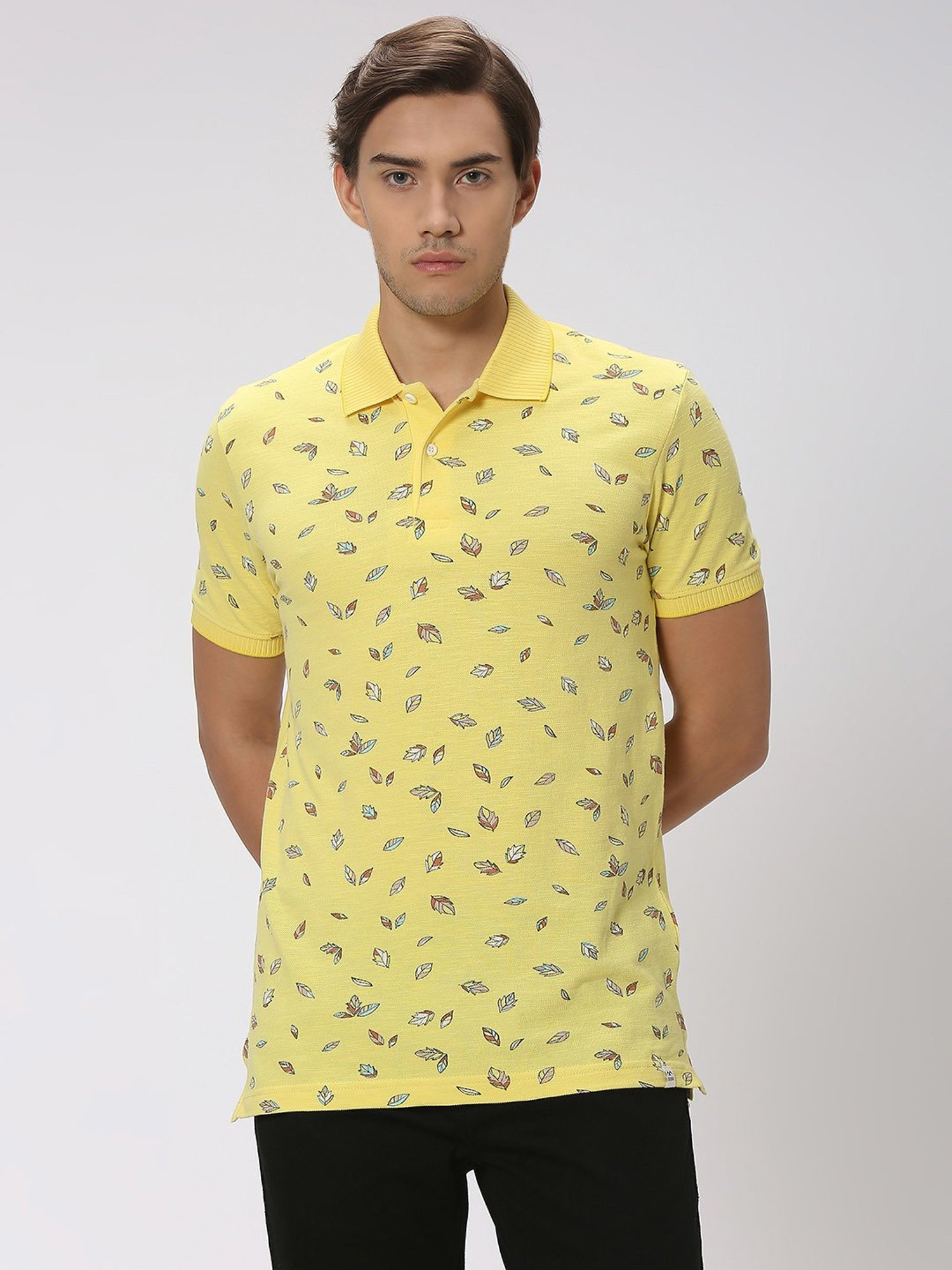 Mufti Yellow Slim Fit Printed Cotton Polo T-Shirt