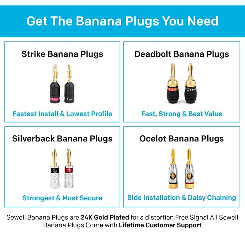 SW-29863-12 Deadbolt Banana Plugs 12-Pairs by, Gold Plated Speaker Plugs, Quick Connect