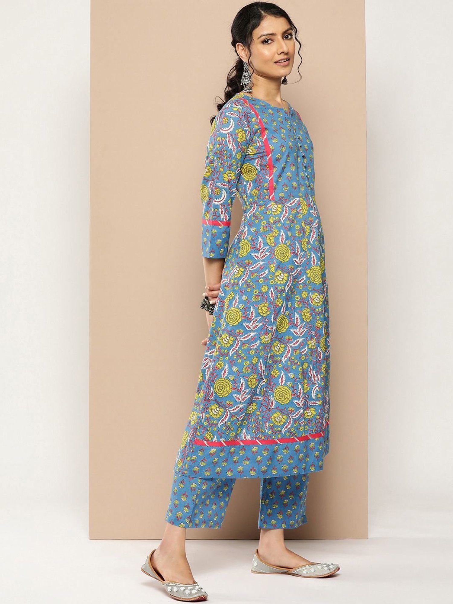 KSUT Blue Cotton Printed Kurta Palazzo Set With Dupatta