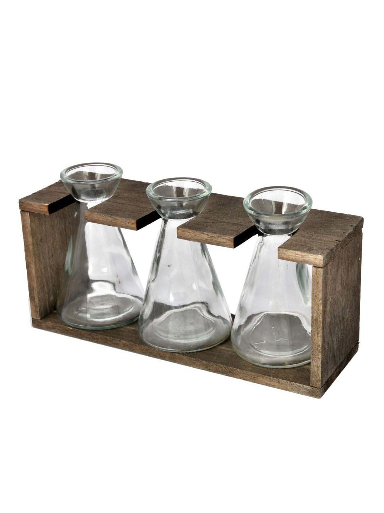 Tayhaa Transparent & Brown Glass Wooden Oraganised Vase Holder - Set of 3