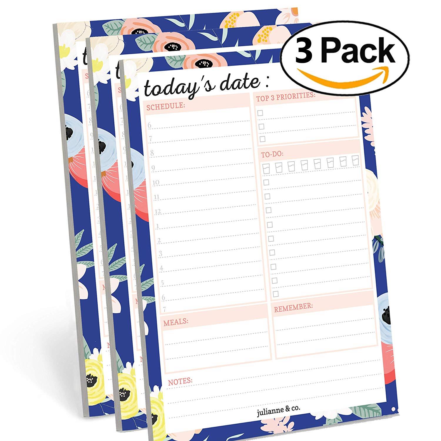 Daily Planner Notepad with Sticky Note Backing by Julianne & Co - All-In-One Undated To-Do, Schedule & Priority List Planning Pad - Portable Tear-Off Sheet Design - Small Size A5 (3 Pack)