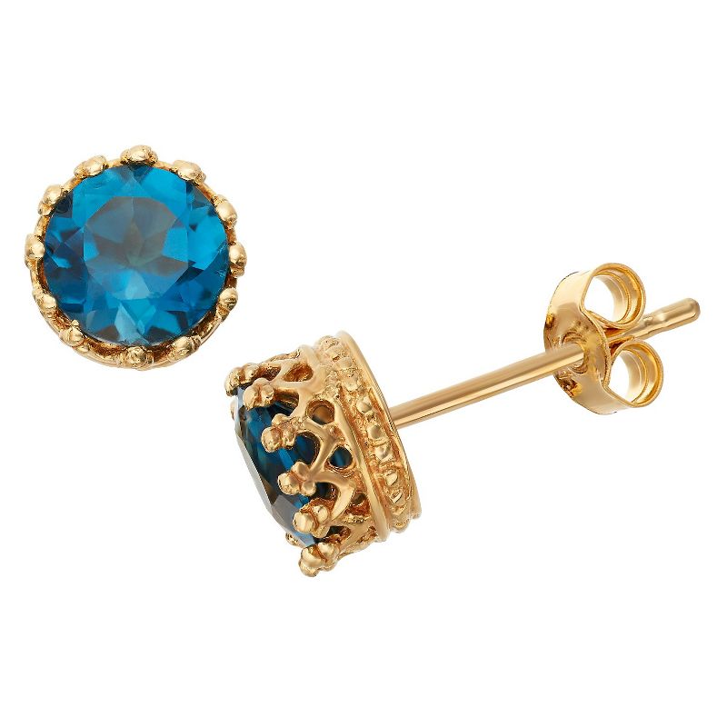 6mm Round-cut London Blue Topaz Crown Earrings in Gold Over Silver