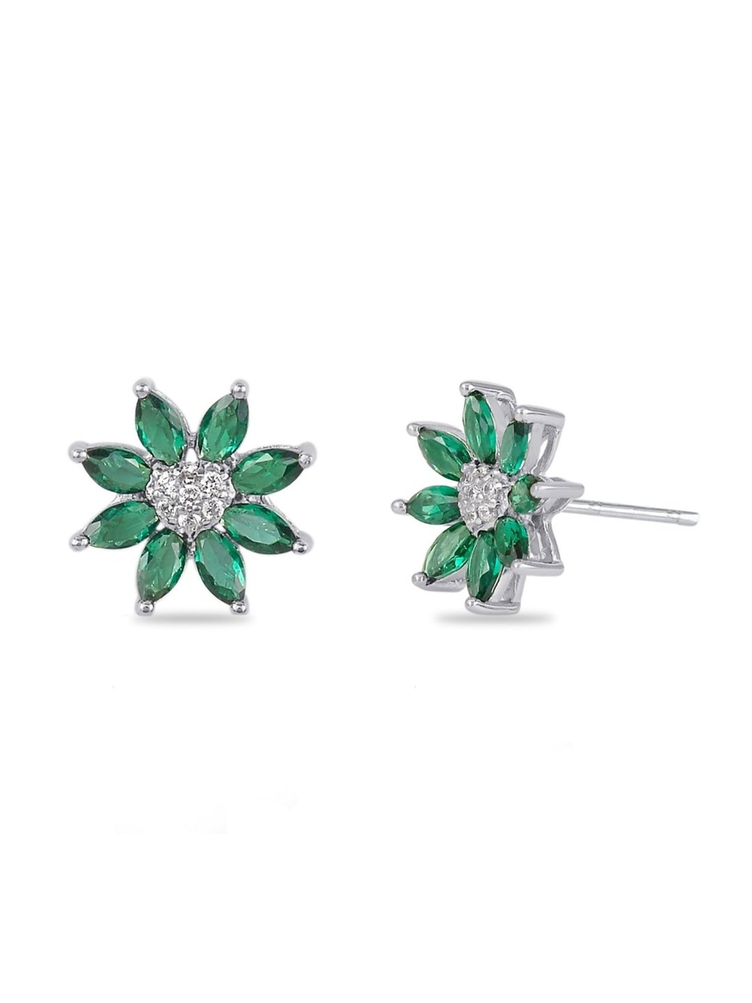 925 Silver Marquise Green Emerald and American Diamond Flower Stud Earrings for Women & Girls