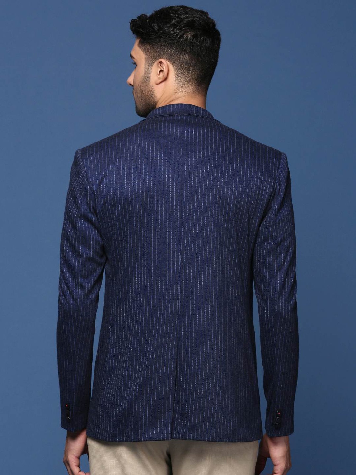 Showoff Navy Cotton Slim Fit Striped Blazer