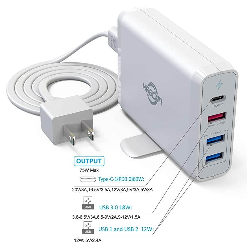 C Charger,4-Port Wall Charger with 60w PD Charger C & Quick Charge 3.0 Wall Charger 18W and Dual Port Wall Charger 12W for MacBook Pro/Air,iPad Pro,iPhone 11/Pro/Max/XR/XS/X and More