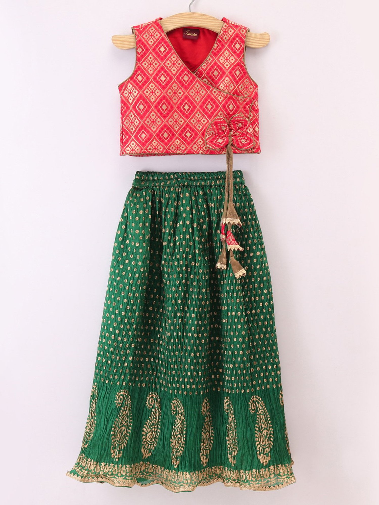 TWISHA Kids Red & Green Self Design Top with Ghagra