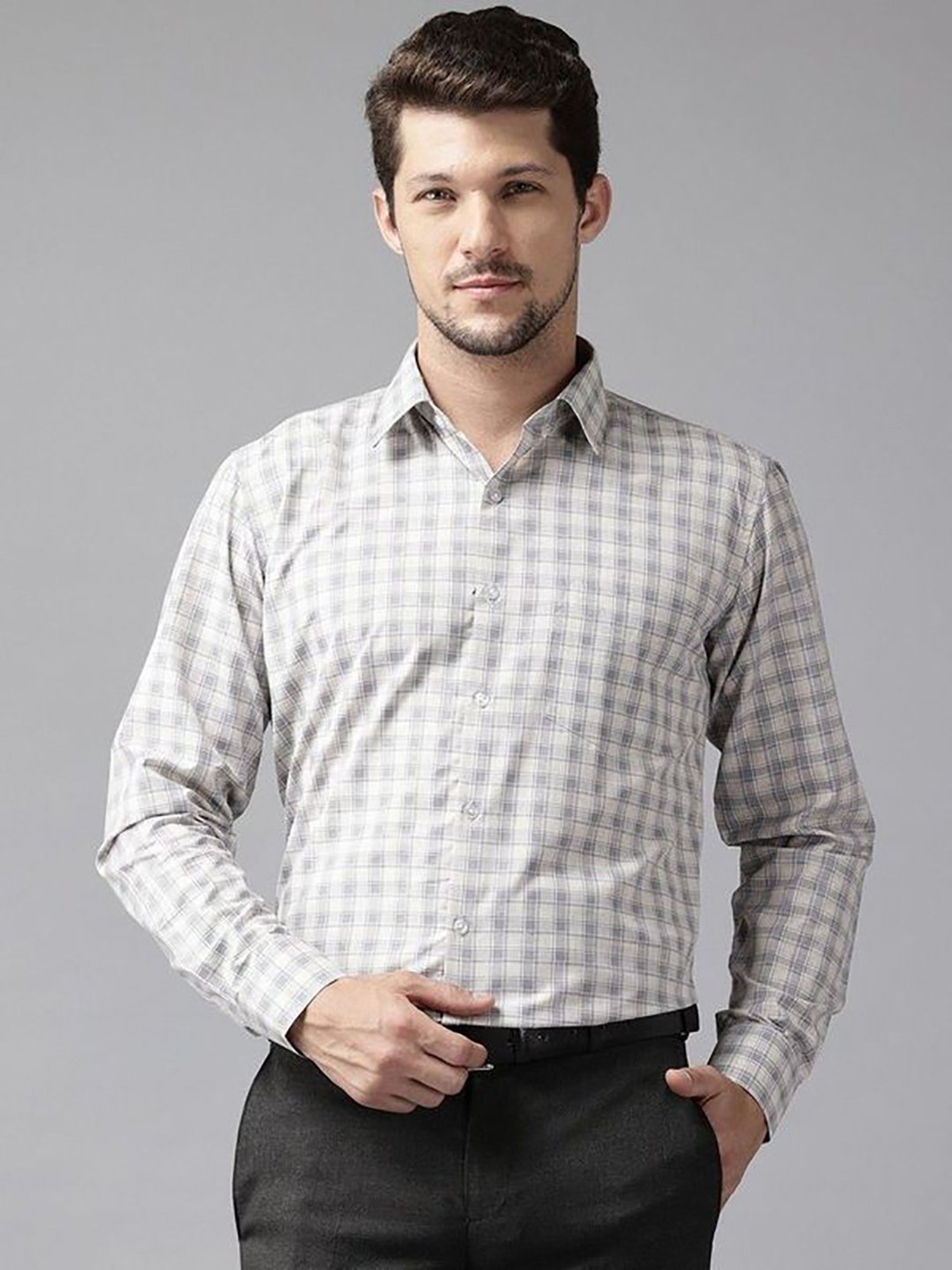English Navy Beige Slim Fit Checks Shirts