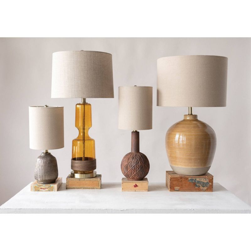 Set of 2 Embossed Terracotta Table Lamp with linen Shade - 3R Studios