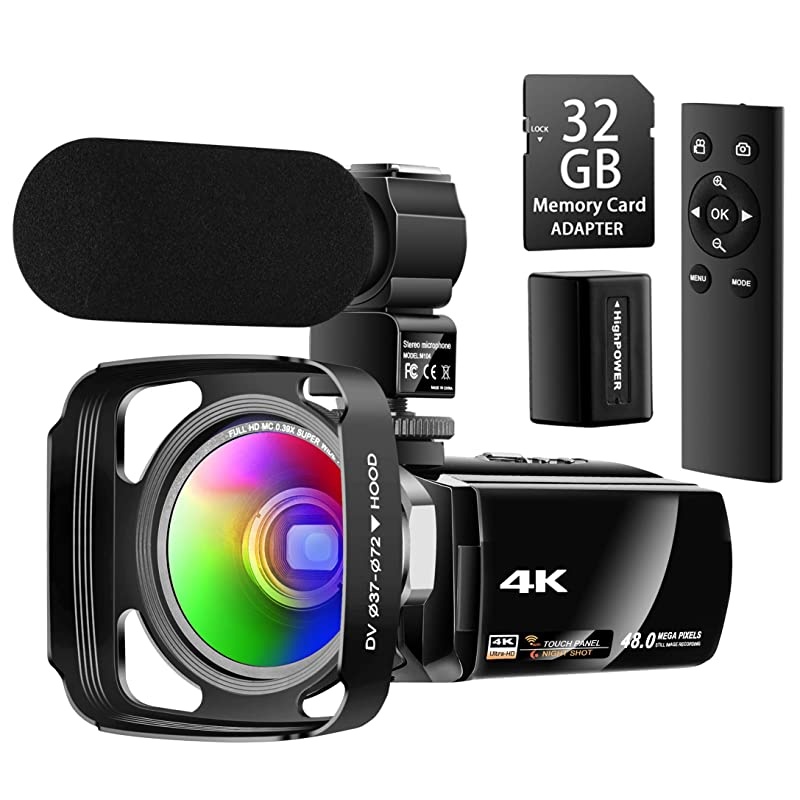 Ultra HD 4K Camcorder Video Camera with Rechargeable Microphone 2.4G Remote Control Vlogging YouTube Camera 60FPS 48MP IR Night Vision with Wide Angle Lens, Lens Hood, Batteries