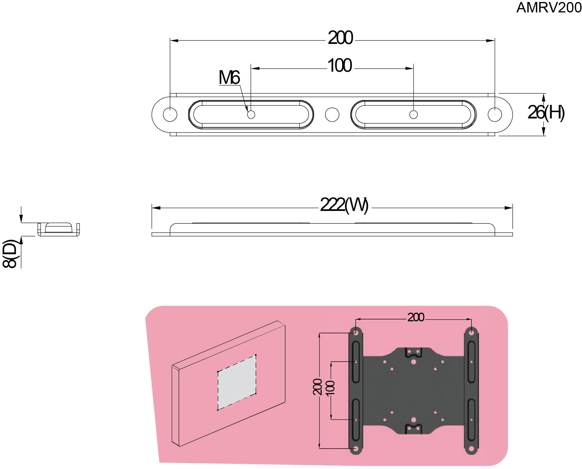 VESA adapter 100mm to 200mm. Expand a 100x100mm vesa to a 200x100mm or a 200x100 to a 200x200. Also can be utilized to offset a VESA mount.