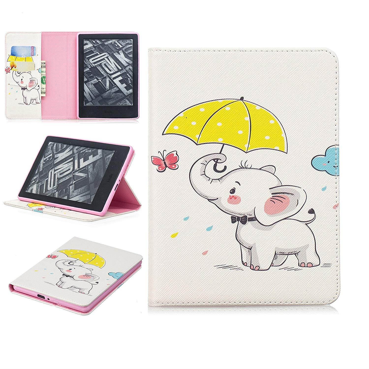 UUcovers Amazon Kindle 8th Tablet (2016 ONLY) Case, AUTO WAKE/SLEEP Ultra Slim Synthetic Leather Stand Smart Wallet Case with Cards/Cash Holder, Elephant Hold A Yellow Umbrella