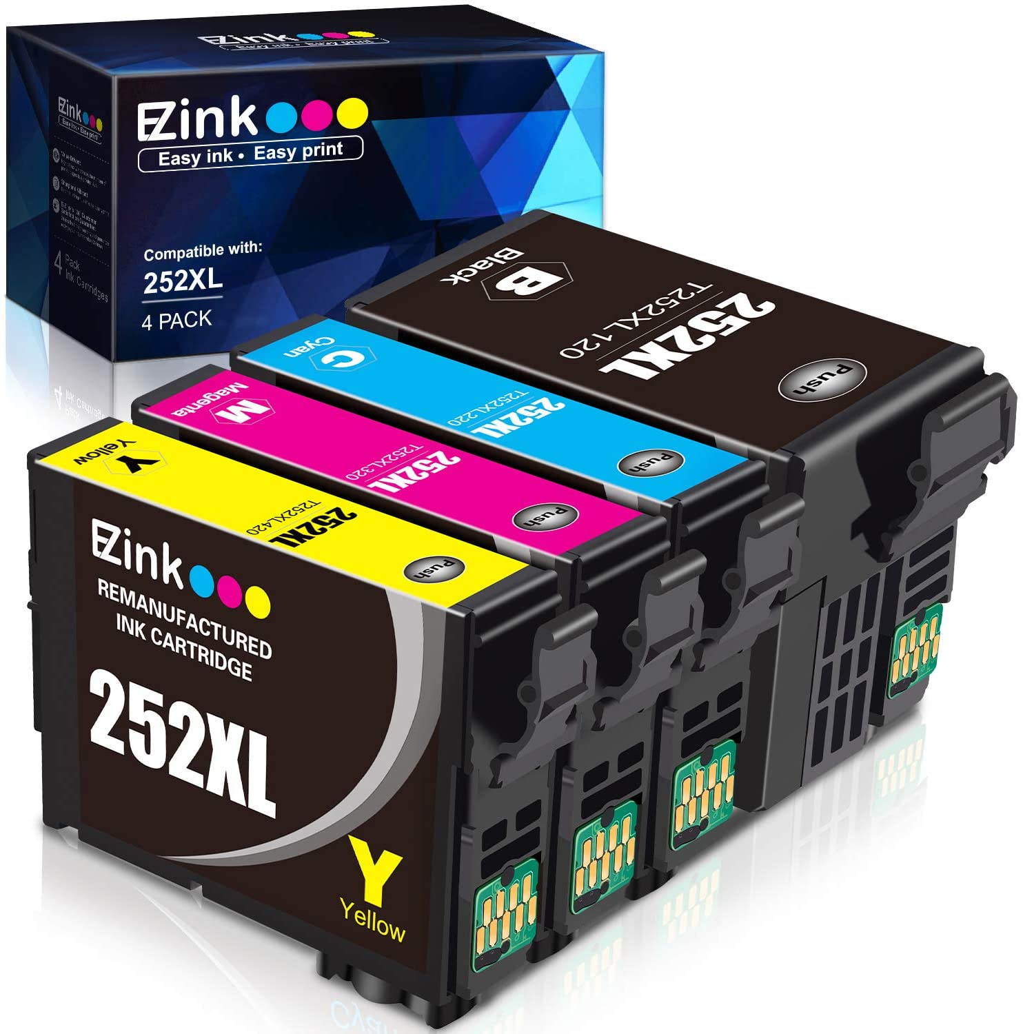 E-Z Ink (TM)  Ink Cartridge Replacement for Epson 252XL 252 XL T252XL120 to use with Workforce WF-7110 WF-7720 WF-7710 WF-3620 WF-3640 (1 Large Black, 1 Cyan, 1 Magenta, 1 Yellow) 4 PACK