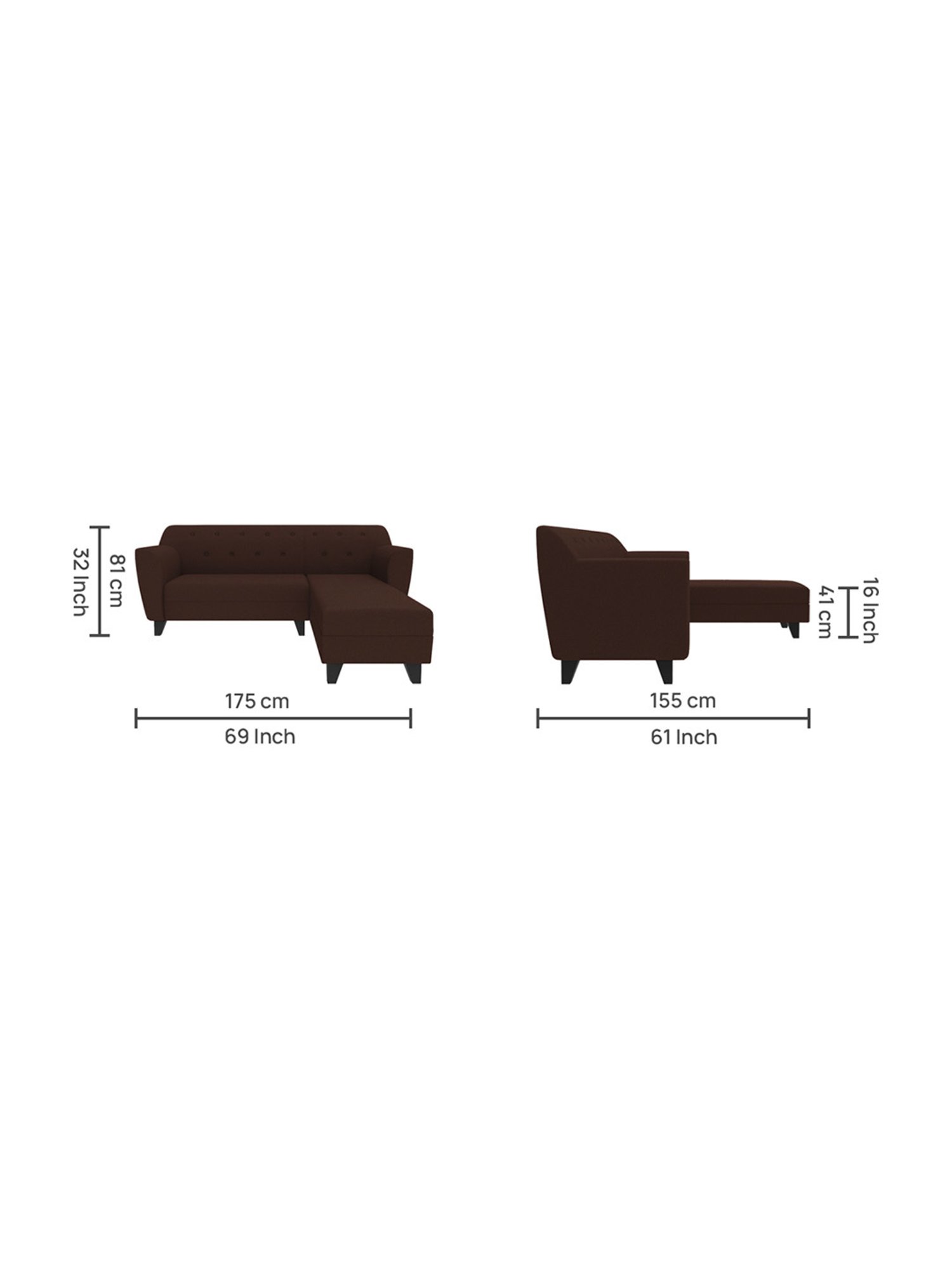 Trevi Mahogany Brown Fabric & Neem Wood 5 Seater RHS Sectional Sofa