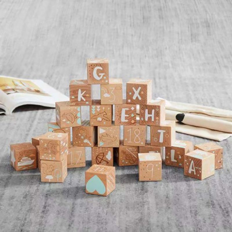 Wonder&Wise Keepsake Etched Children's Wooden Educational Illustrated Play Blocks with Letters, Numbers, Animals, and Shapes for Ages 6 Months and Up