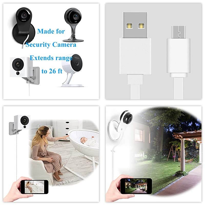 Pack 6FT Flat Power Extension Cable for WyzeCamWyzeCam PanKasaCam IndoorNestCam IndoorYi Camera Blink USB to Micro USB Flat Charging Cord for Security Cam with Wire Clips