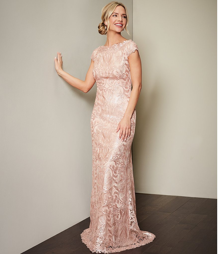 Tadashi Shoji Sequin Lace Off-the-Shoulder Cap Sleeve A-Line Gown