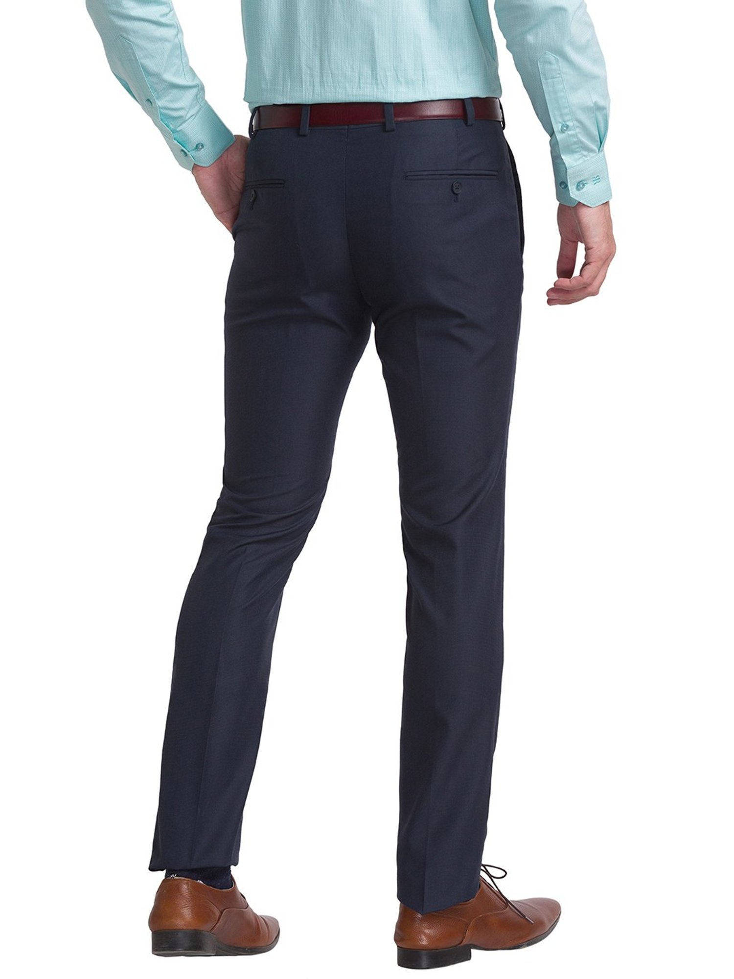 Park Avenue Navy Super Slim Fit Self Design Flat Front Trousers