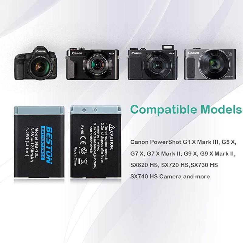 2-Pack NB-13L Battery Packs and USB Charger Set for Canon PowerShot SX720 HS, SX730 HS, SX740 HS, SX620 HS, G1 X Mark III, G5 X, G7 X, G7 X Mark II, G9 X, G9 X Mark II Cameras