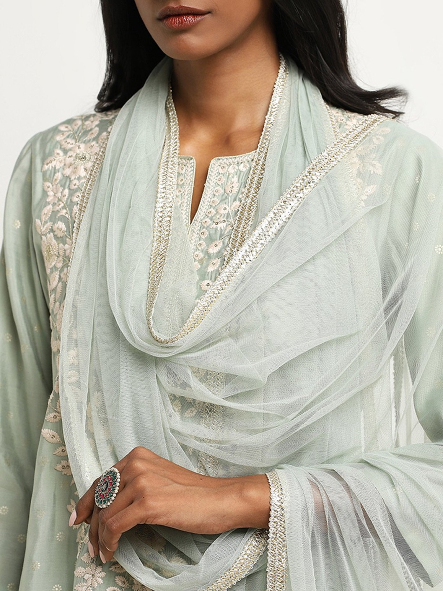 Vark by Westside Sage Embroidered A-line Kurti, Palazzos & Dupatta Set