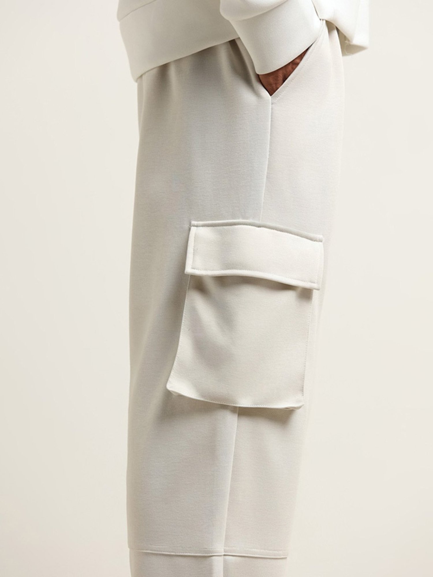 Studiofit by Westside Cream Straight-Fit Mid-Rise Cargo Track Pants