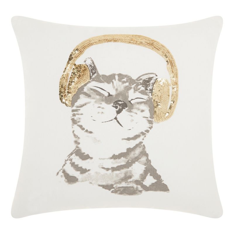 DJ Glitter Kitten Square Throw Pillow White/Gold - Mina Victory