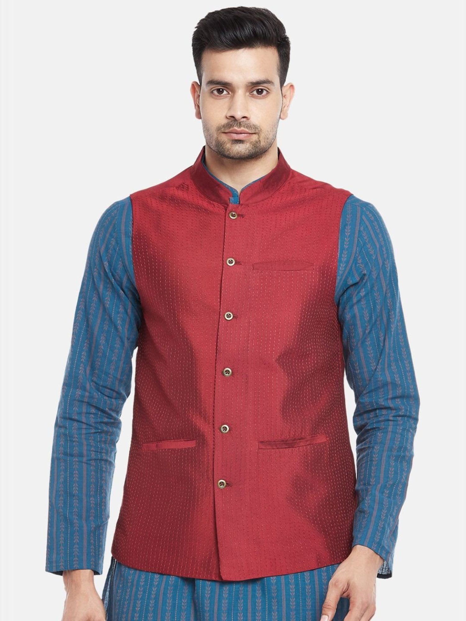 Indus Route by Pantaloons Maroon Regular Fit Self Pattern Nehru Jacket
