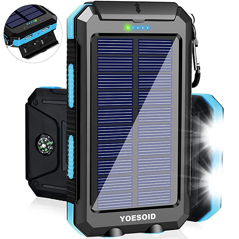 Solar Charger 20000mAh  Portable Outdoor Waterproof Solar Power Bank Camping External Battery Packs with Dual USB Output 2 Led Light Flashlight Compatible Most Smart Phones and Tablets(Blue)