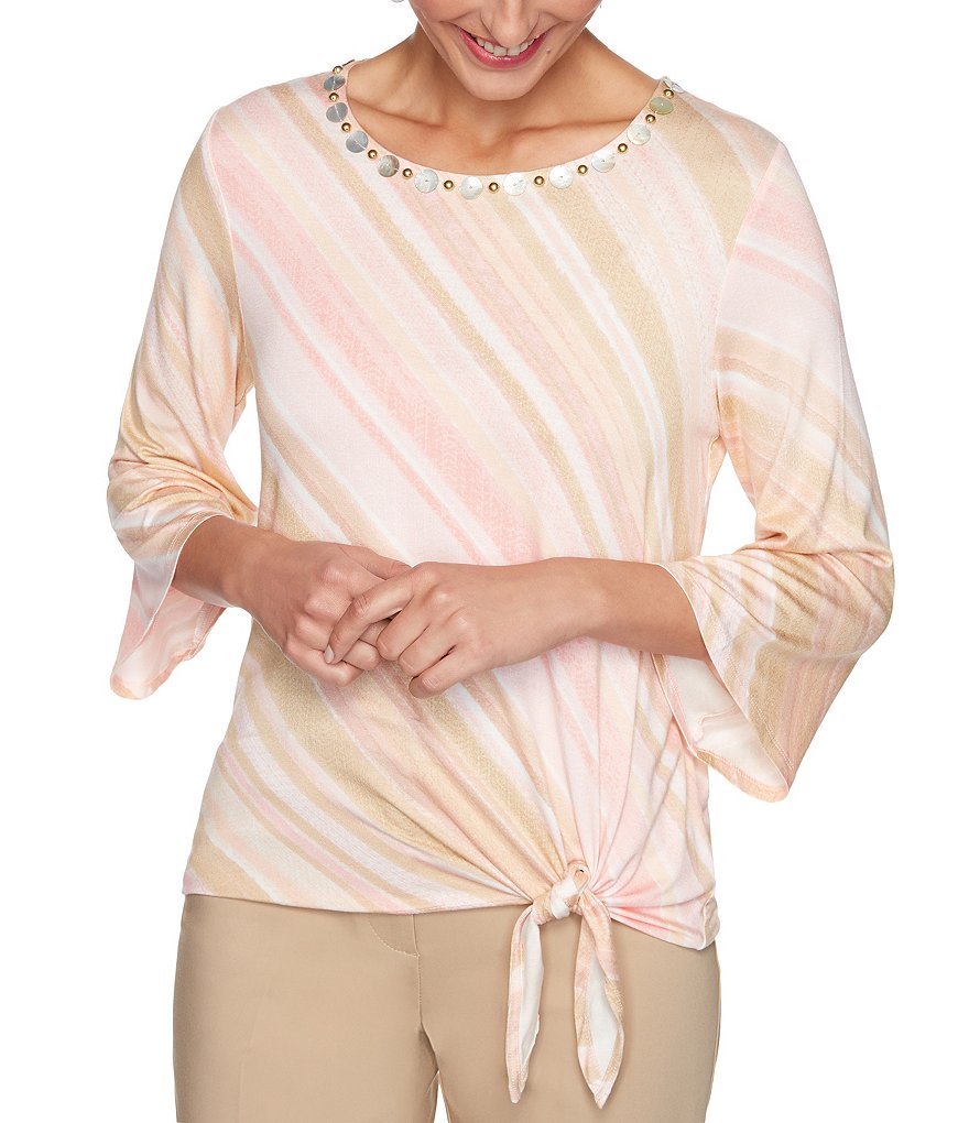Ruby Rd. Diagonal Stripe Knit Embellished Jewel Neck Tie-Front 3/4 Bell Sleeve Top