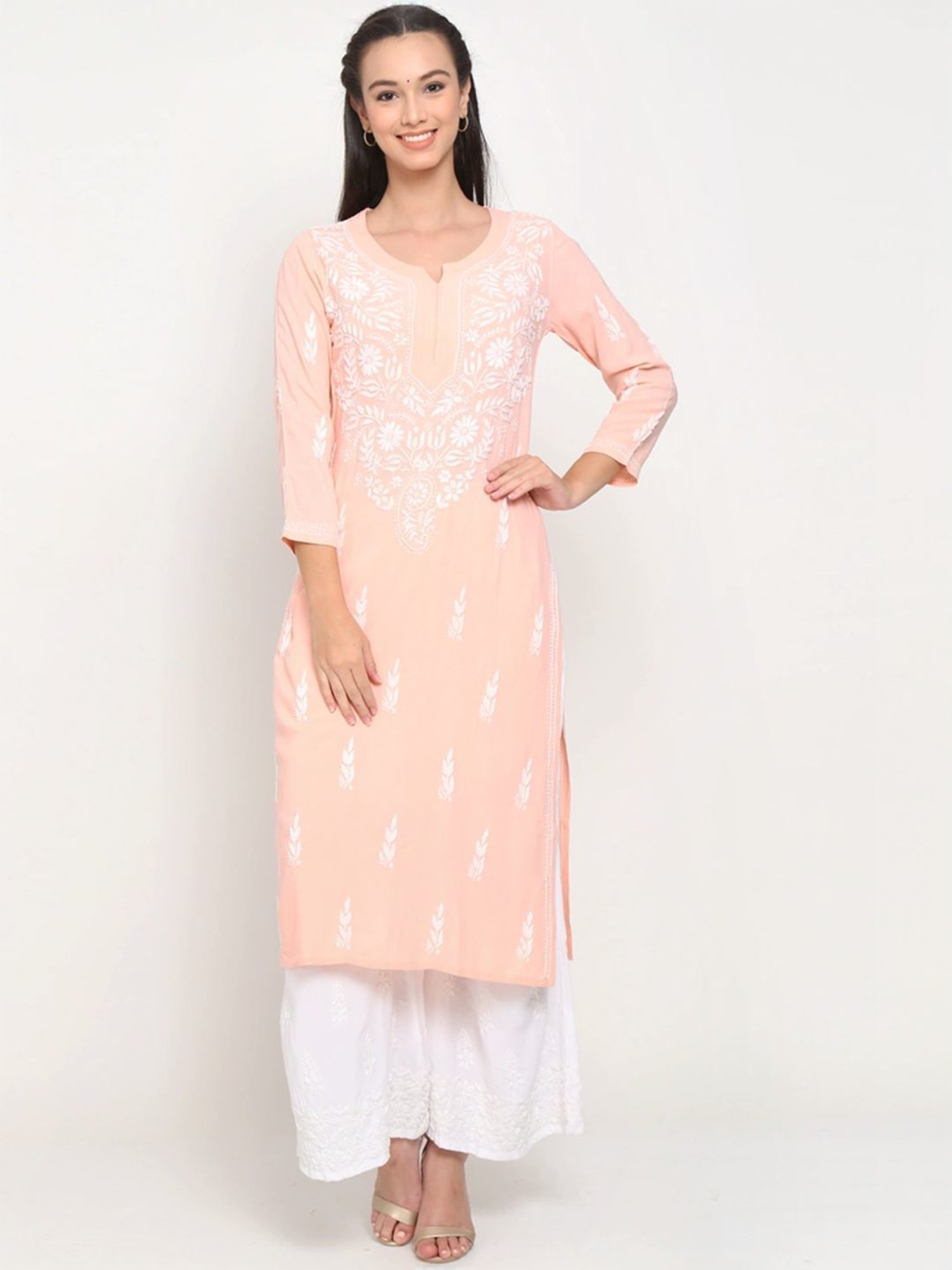 PARAMOUNT CHIKAN Peach Hand Embroidered Chikankari Straight Kurta