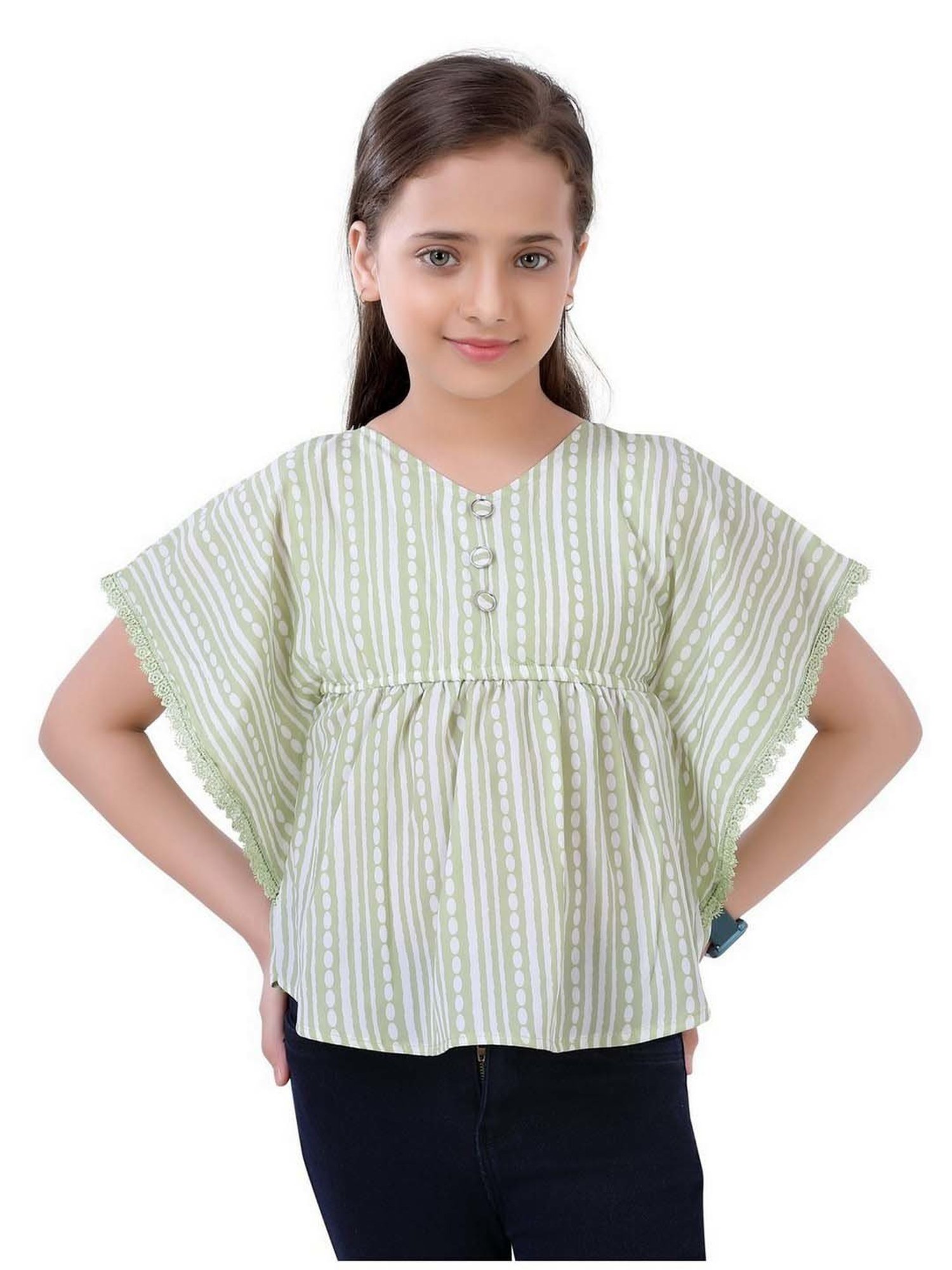 poplins Kids Green & Off-White Cotton Printed Top