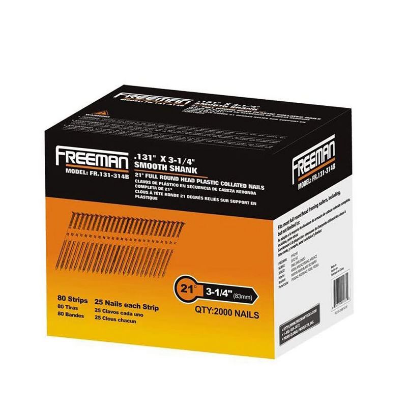 Freeman FR.131-314B 21 Degree 0.131 x 3-1/4 Inch Plastic Collated Solid Steel Constructed Smooth Shank Framing Nails, 2000 Nails in Box (2 Pack)