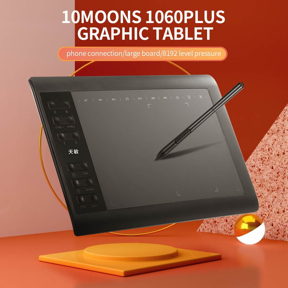 10moons 1060 Plus Graphic Tablet 10*6-inch Large Board Exclusive Phone Painting Area with 8192 Levels Pressure Passive Pen 5080 LPI