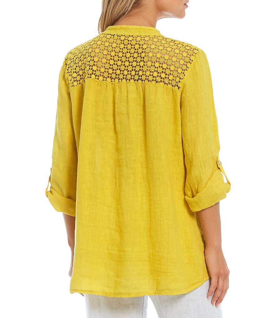 M Made in Italy Roll Tab Crochet Trim Button Front Top