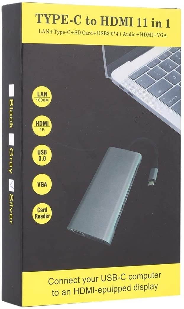 DUANZHIREN-US 11 in 1 USB C hub Type-C to VGA LAN Port 4 USB3.0 SD TF Card HDMI Audio Port Type-C HUB Adapter (Color : Silver)