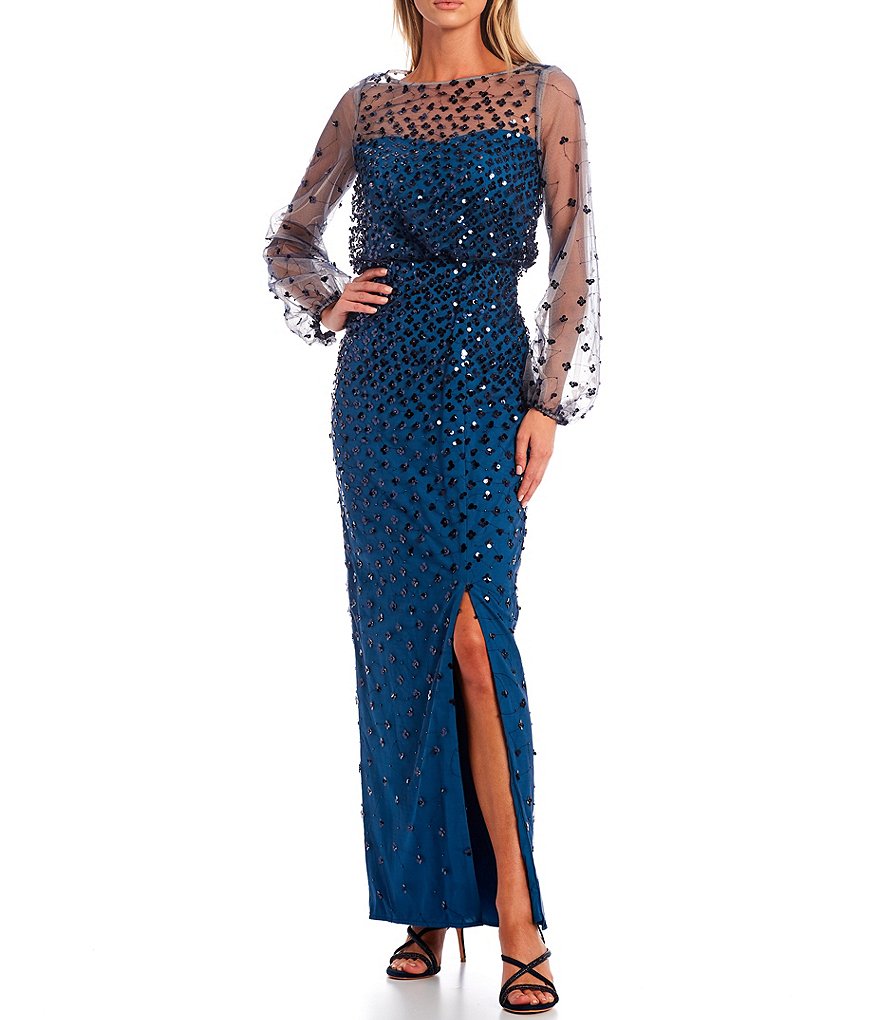 JS Collections Zoe Sheer Long Balloon Sleeve Illusion Boat Neck Front Slit Sequin Dot Blouson Gown