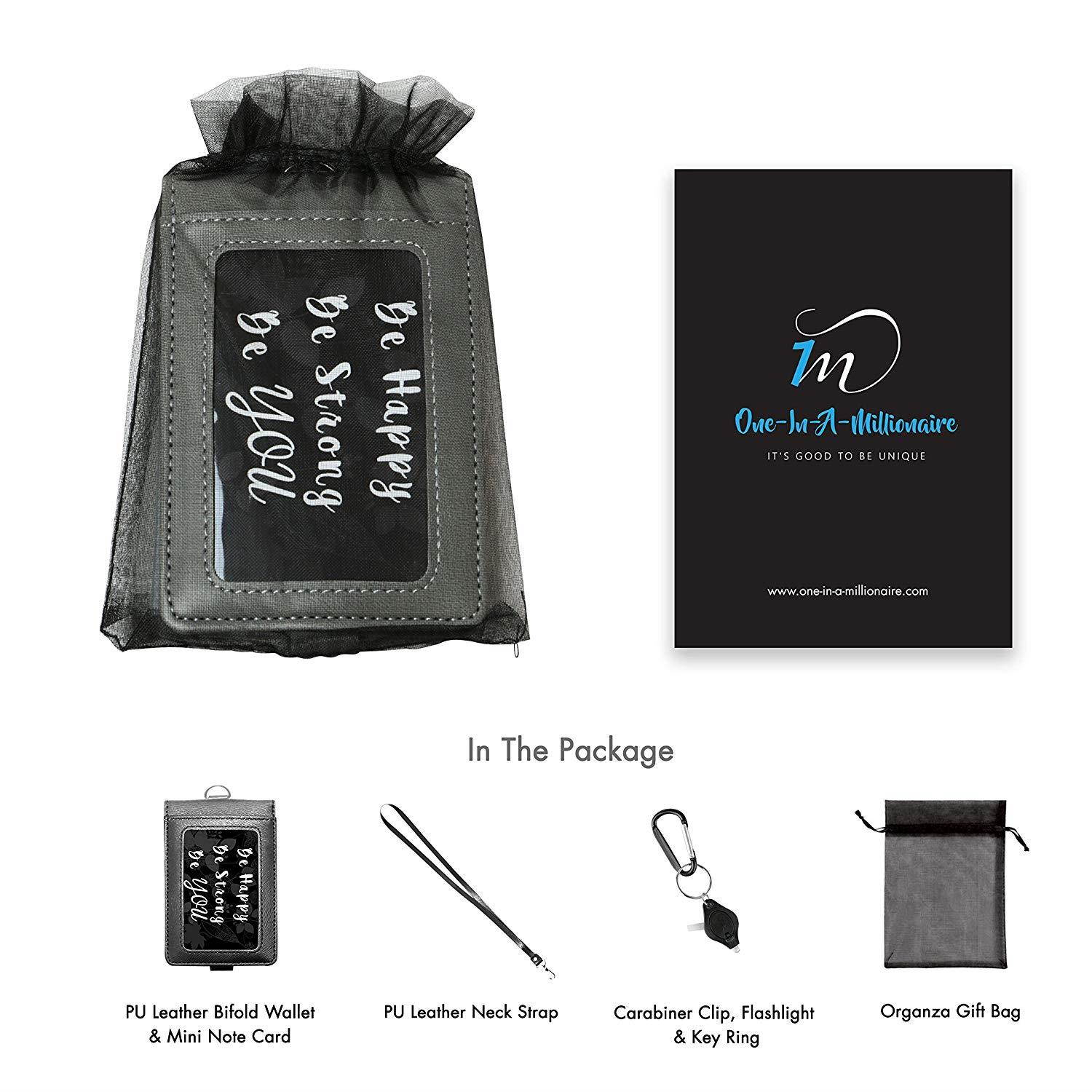 PU Leather Lanyard with Detachable Bifold Wallet with 2 ID Badge Holder Windows & 3 Card Pockets. Carabiner Keychain Flashlight with Key Ring. 17.5'' PU Leather Neck Strap. Gray Color.