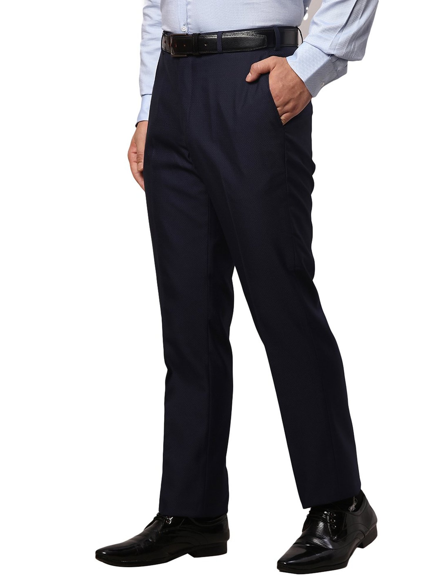 Park Avenue Navy Slim Fit Self Design Flat Front Trousers