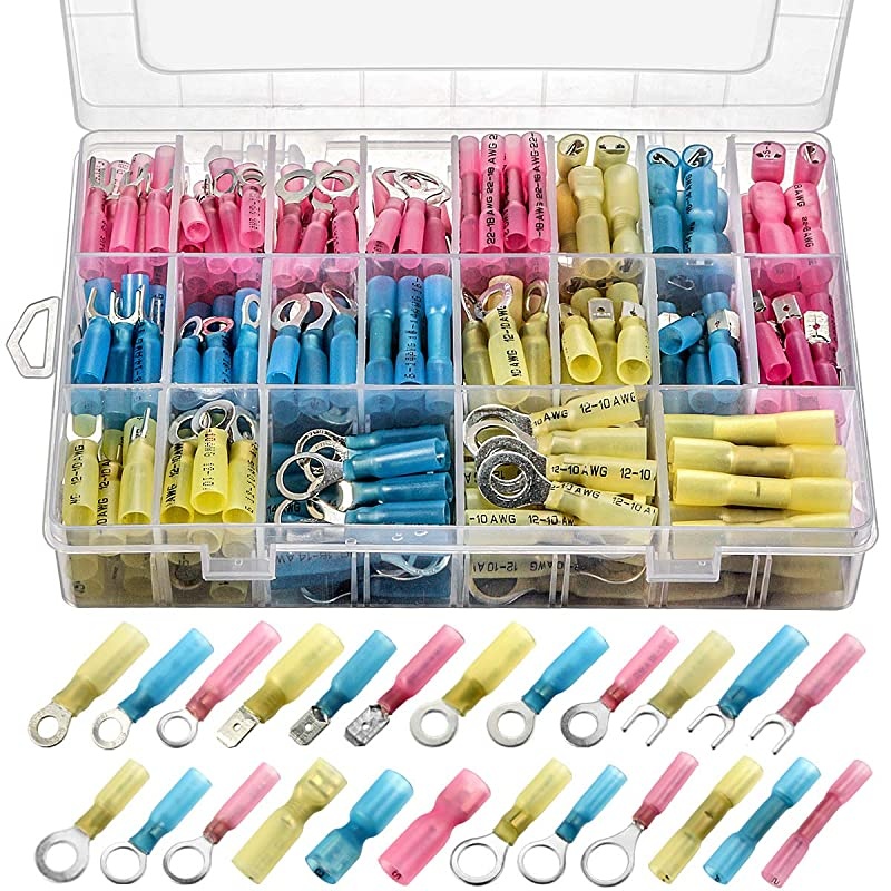 250pcs Heat Shrink Wire Connectors  Marine Electrical Terminals Kit Waterproof Automotive Ring Set with Case