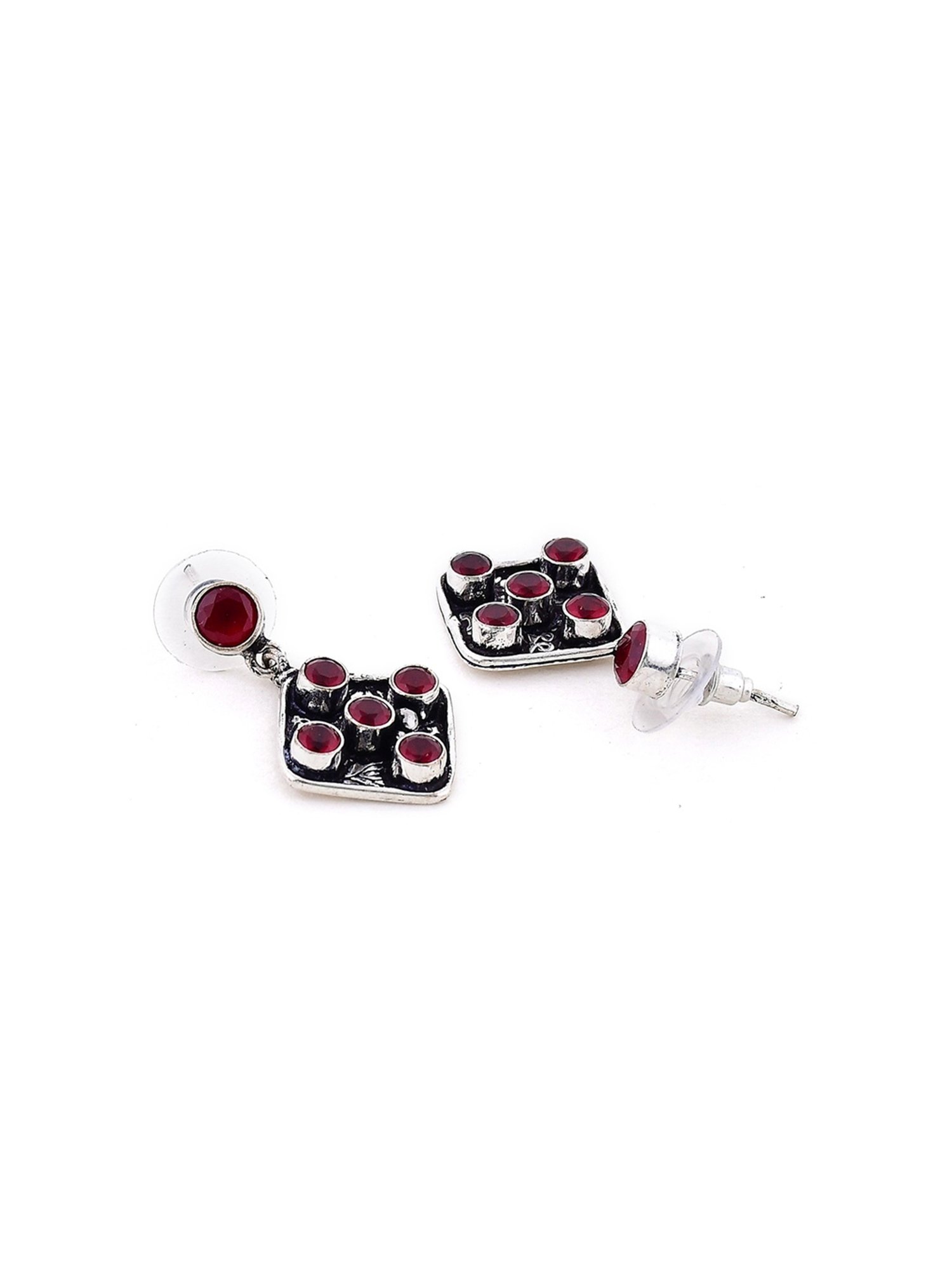 Imli Street Maroon Silver Tone Stone-Studded Handcrafted Dangler Earrings